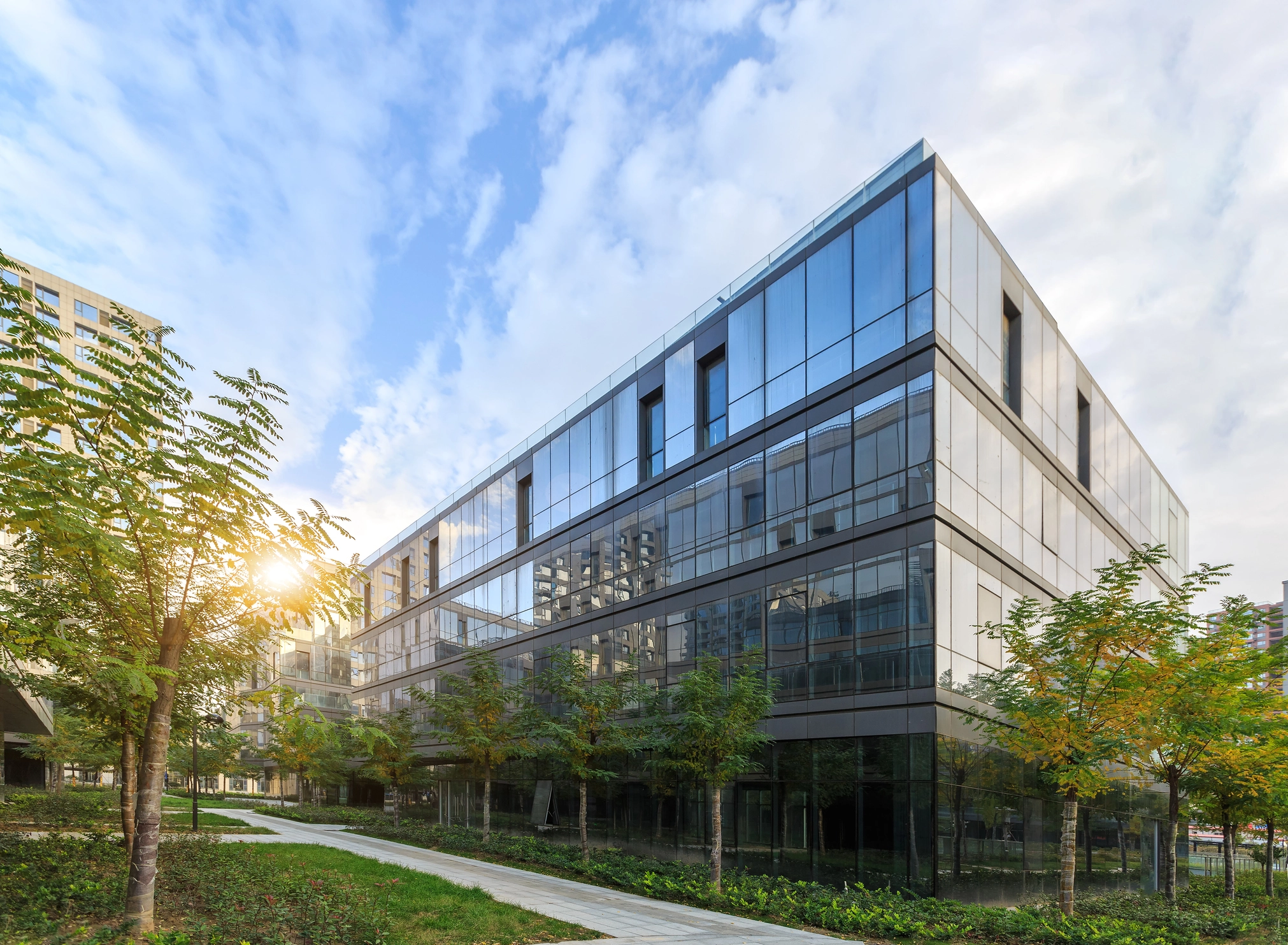 The modern glass and steel office building, boasting large windows and surrounded by green trees and a landscaped path, glows in the warm sunset. To maintain this serene, professional vibe, rely on the best window cleaning service in Northeast Kentucky.